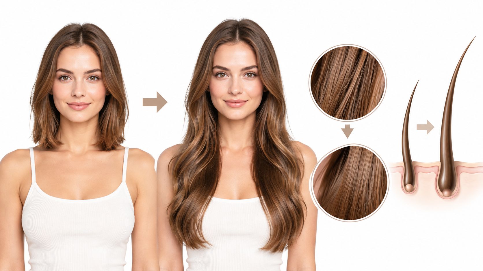 A split view showing the transformation of hair length and quality before and after tape-in extensions application.