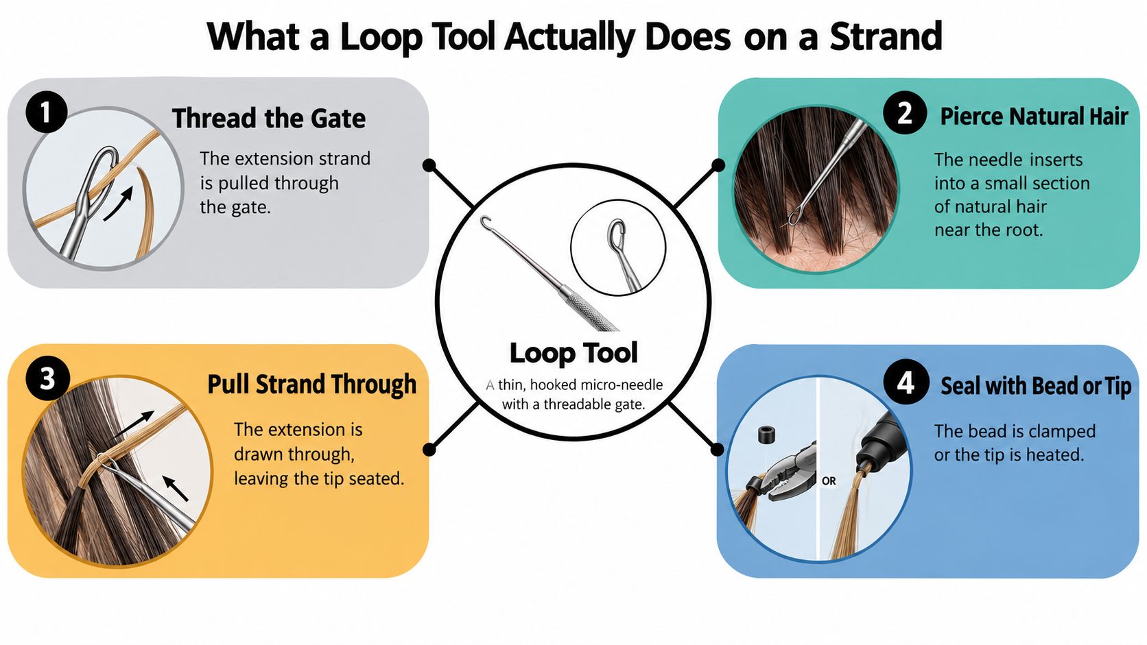 An infographic showing the four steps of using a hair extension loop tool to attach strands.
