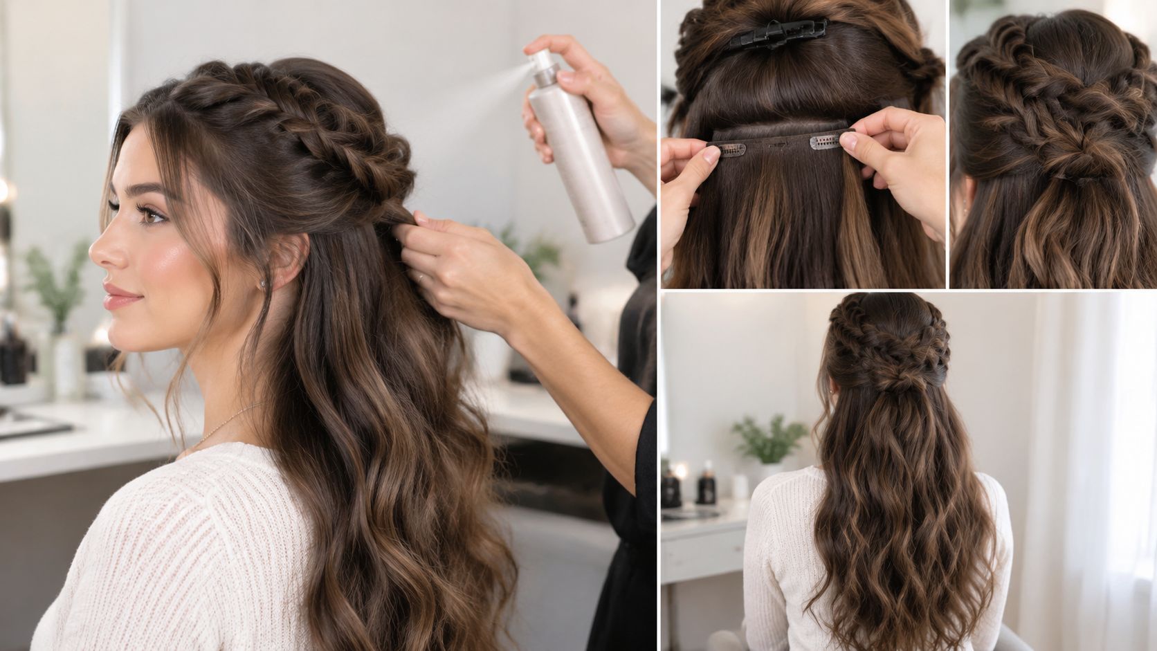 A stylist adding clip-in hair extensions to create a beautiful half-up, half-down braided homecoming hairstyle.