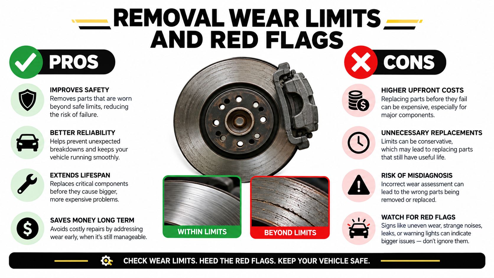 An infographic comparing pros and cons of car brake part wear limits and safety maintenance indicators.