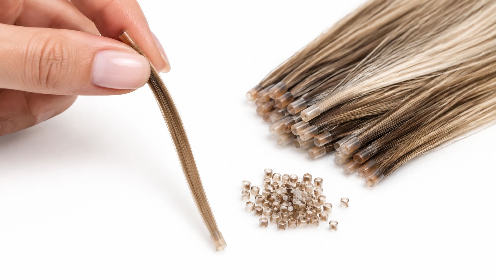 A hand holding a single strand of blonde I-tip hair extension near a bundle of extensions and beads.