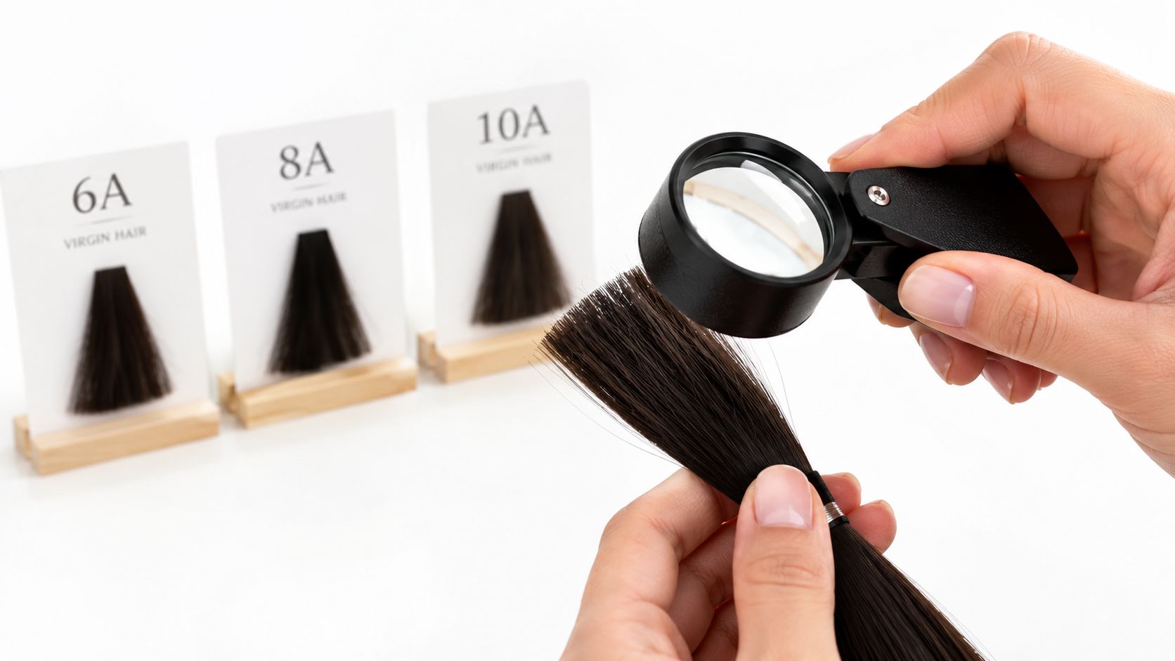 A professional hair quality tester inspecting a strand of dark virgin hair with a magnifying glass.