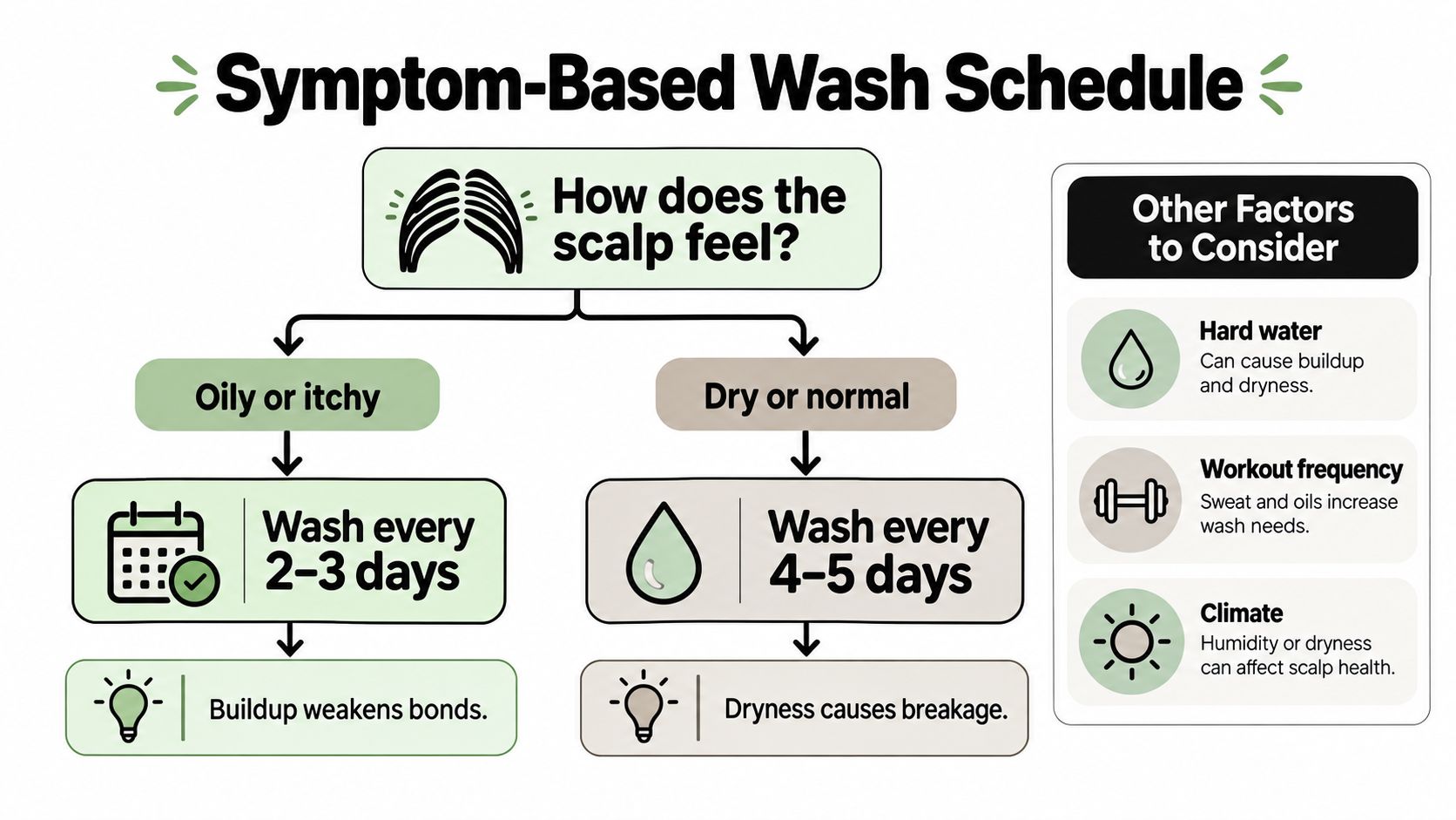 A symptom-based flowchart for determining how often to wash hair extensions based on scalp condition.