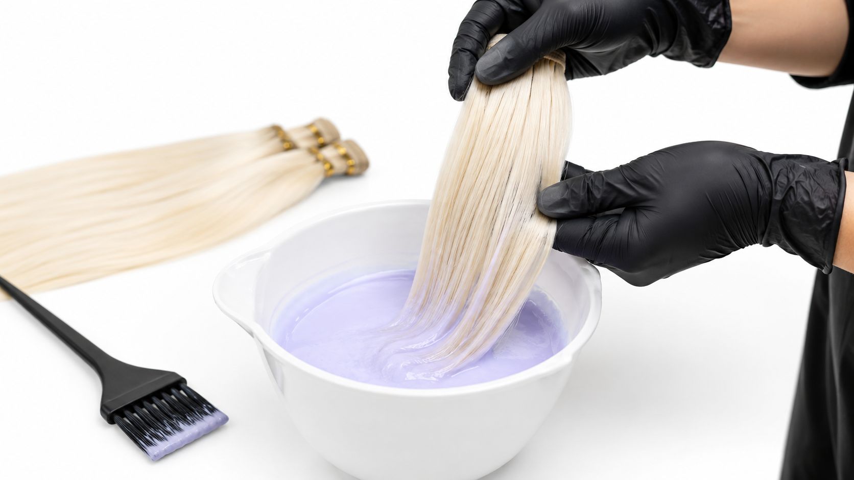 A professional hairdresser using purple toner on blonde hair extensions in a white mixing bowl.