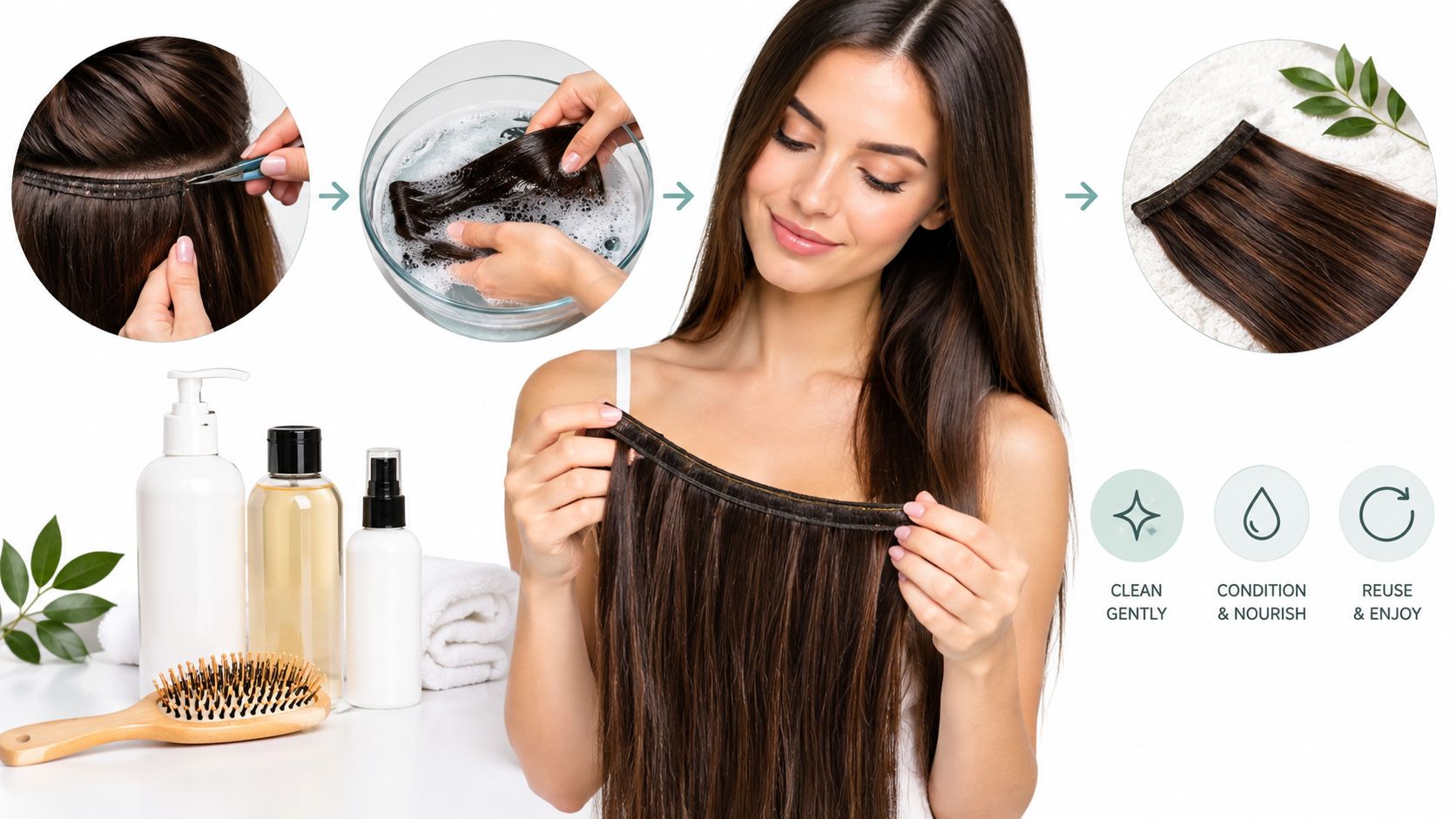 A woman demonstrating the step-by-step process of removing, washing, and reusing tape-in hair extensions.