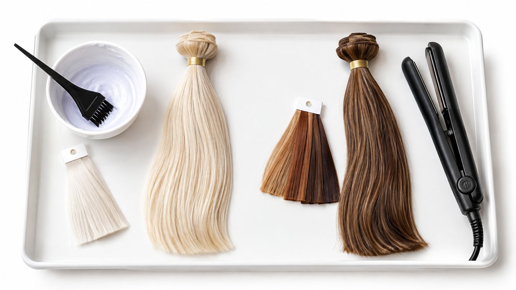 Professional hair salon tools, hair bundles, and color swatches arranged on a white tray for hair extensions.