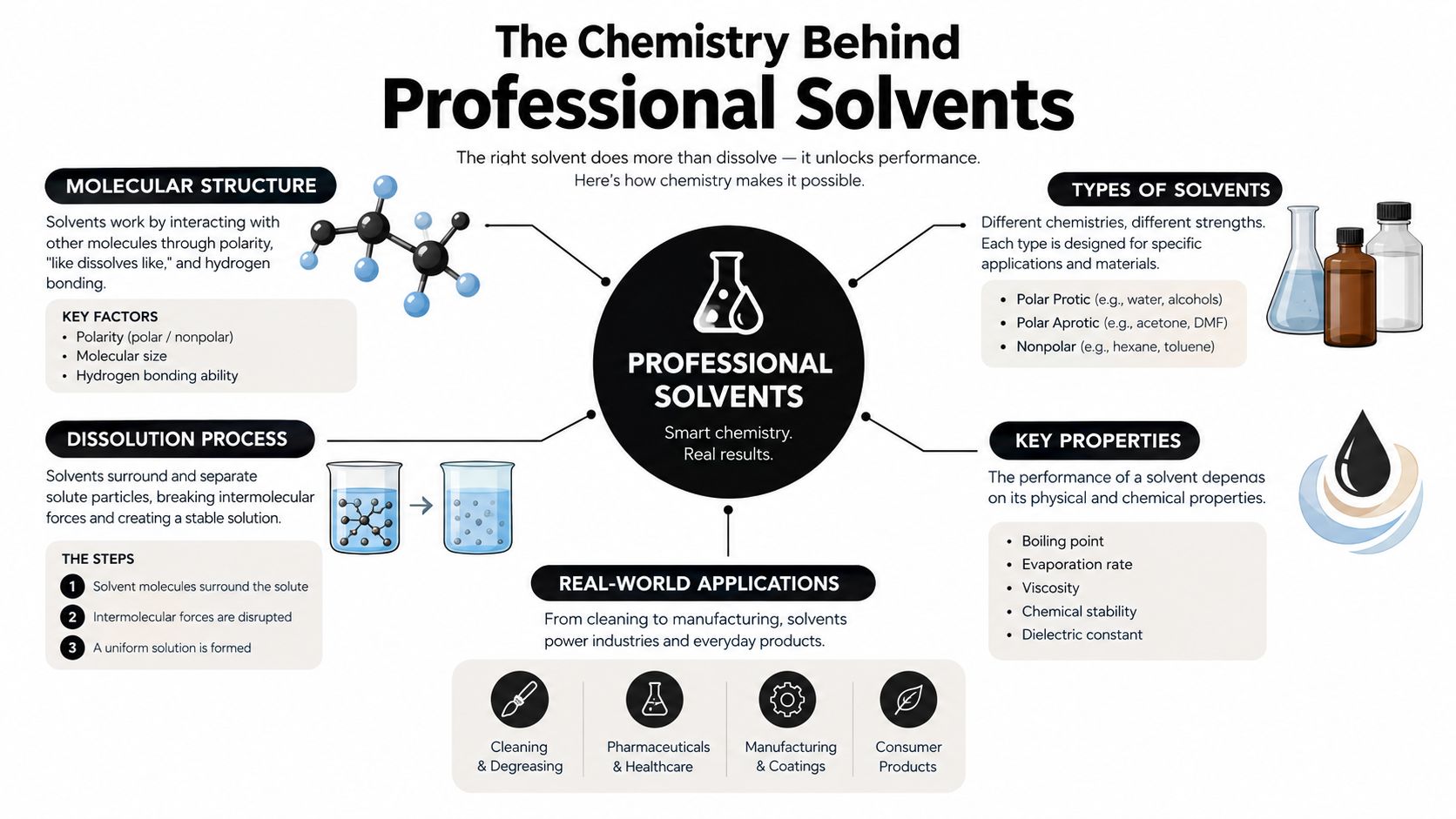 An infographic detailing the chemistry, properties, and various industrial applications of professional chemical solvents.