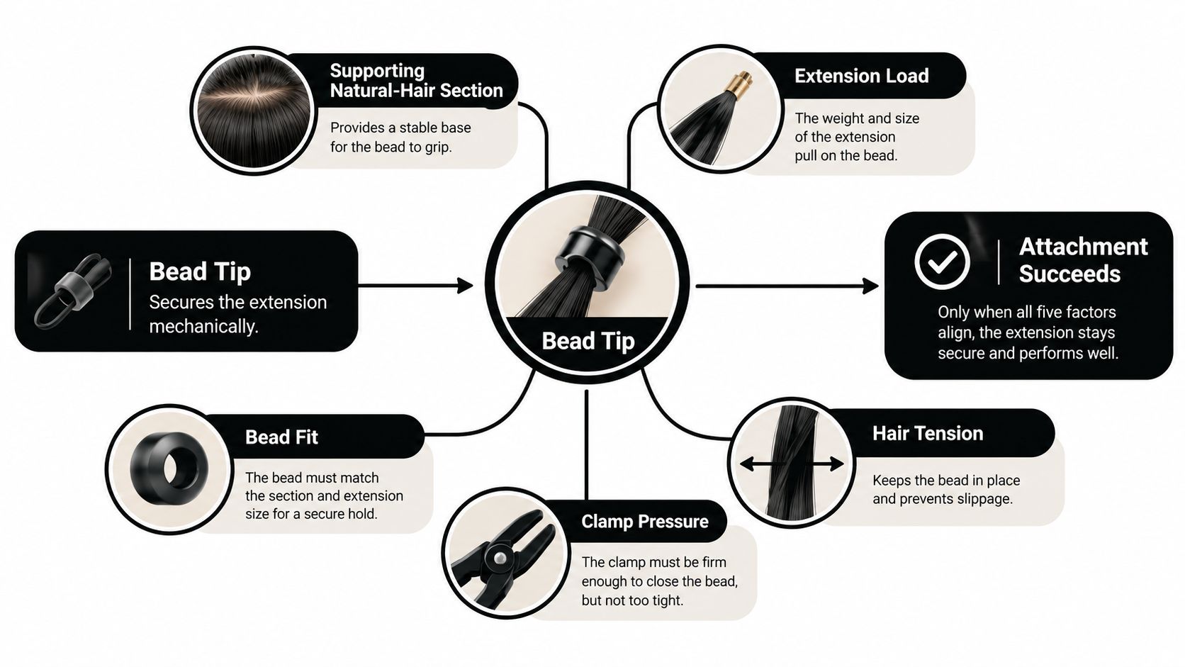 A diagram illustrating the five key factors required for successfully attaching hair extensions using bead tips.