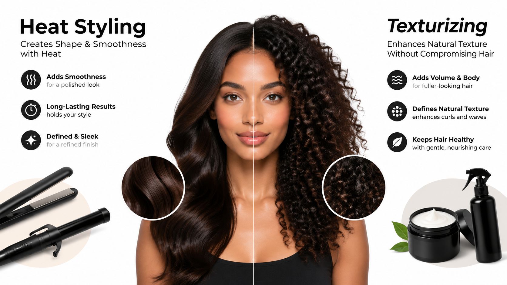 A split-screen comparison showing heat styling techniques for smooth hair versus texturizing for curly hair styles.