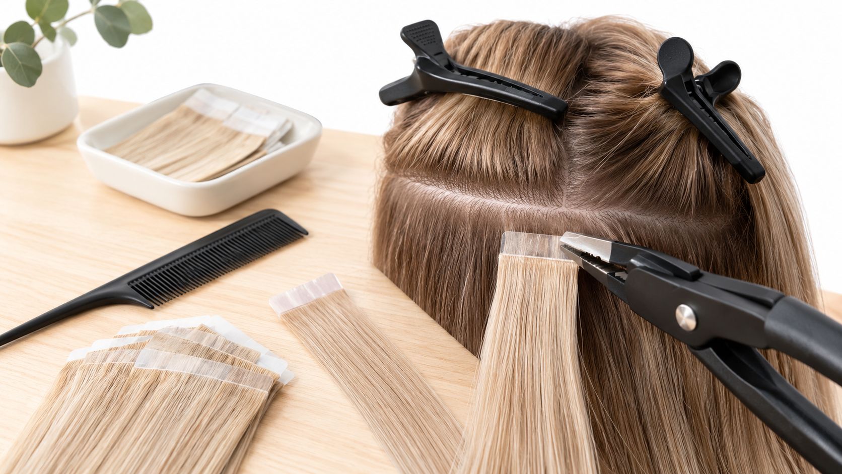 A mannequin head with blonde tape-in hair extensions being applied using professional pliers on a wooden table.