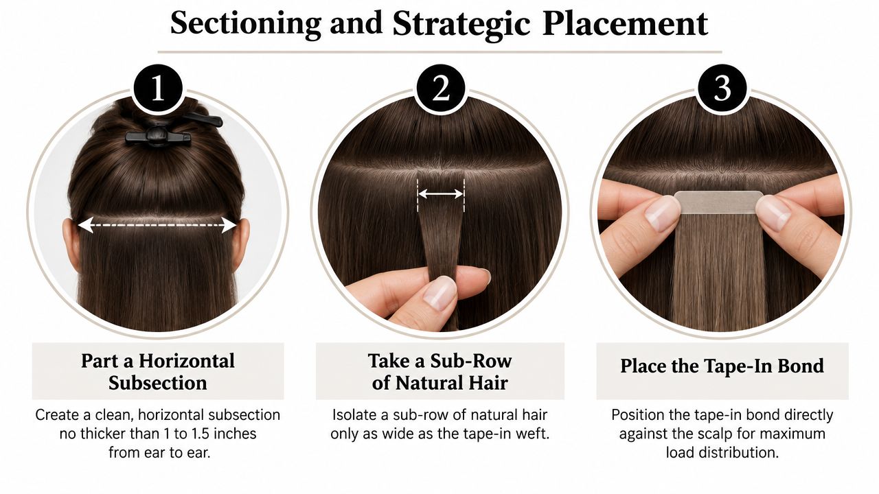 A step-by-step guide showing how to part hair and place tape-in extensions on a natural strand.