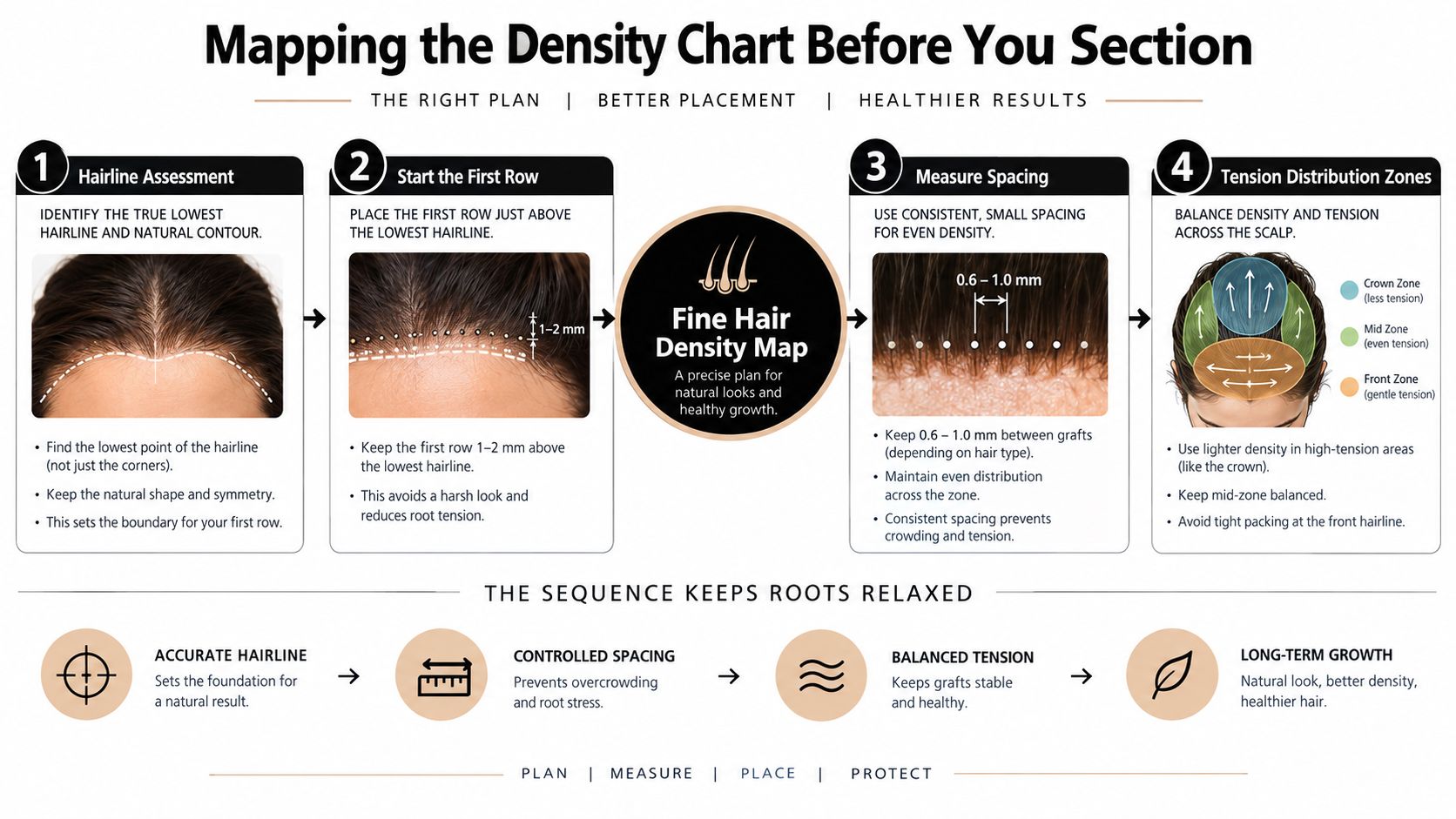 An educational infographic explaining the process of mapping hair density for proper hair transplant placement and results.