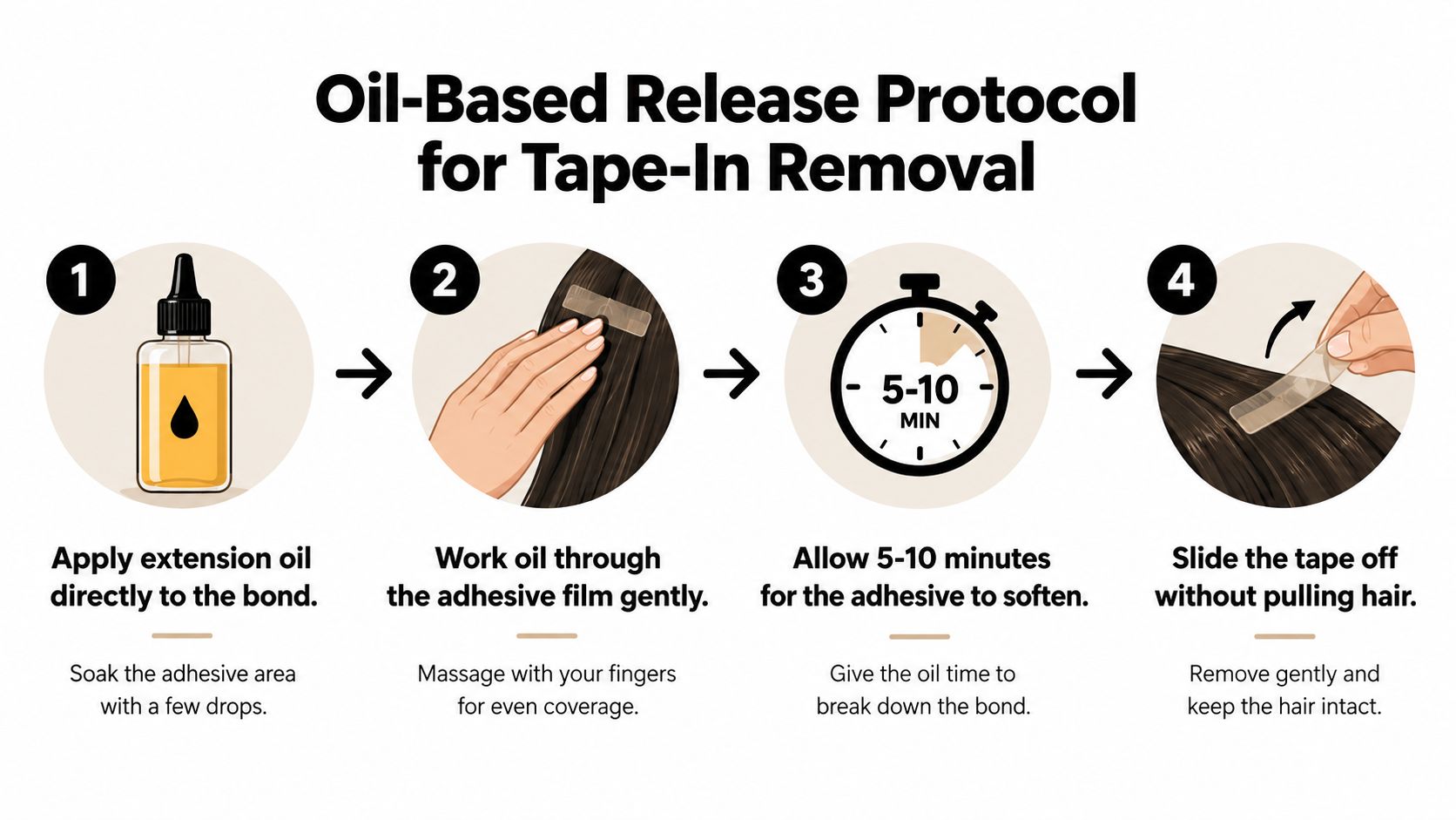A four-step guide infographic illustrating how to safely remove tape-in hair extensions using an oil-based product.