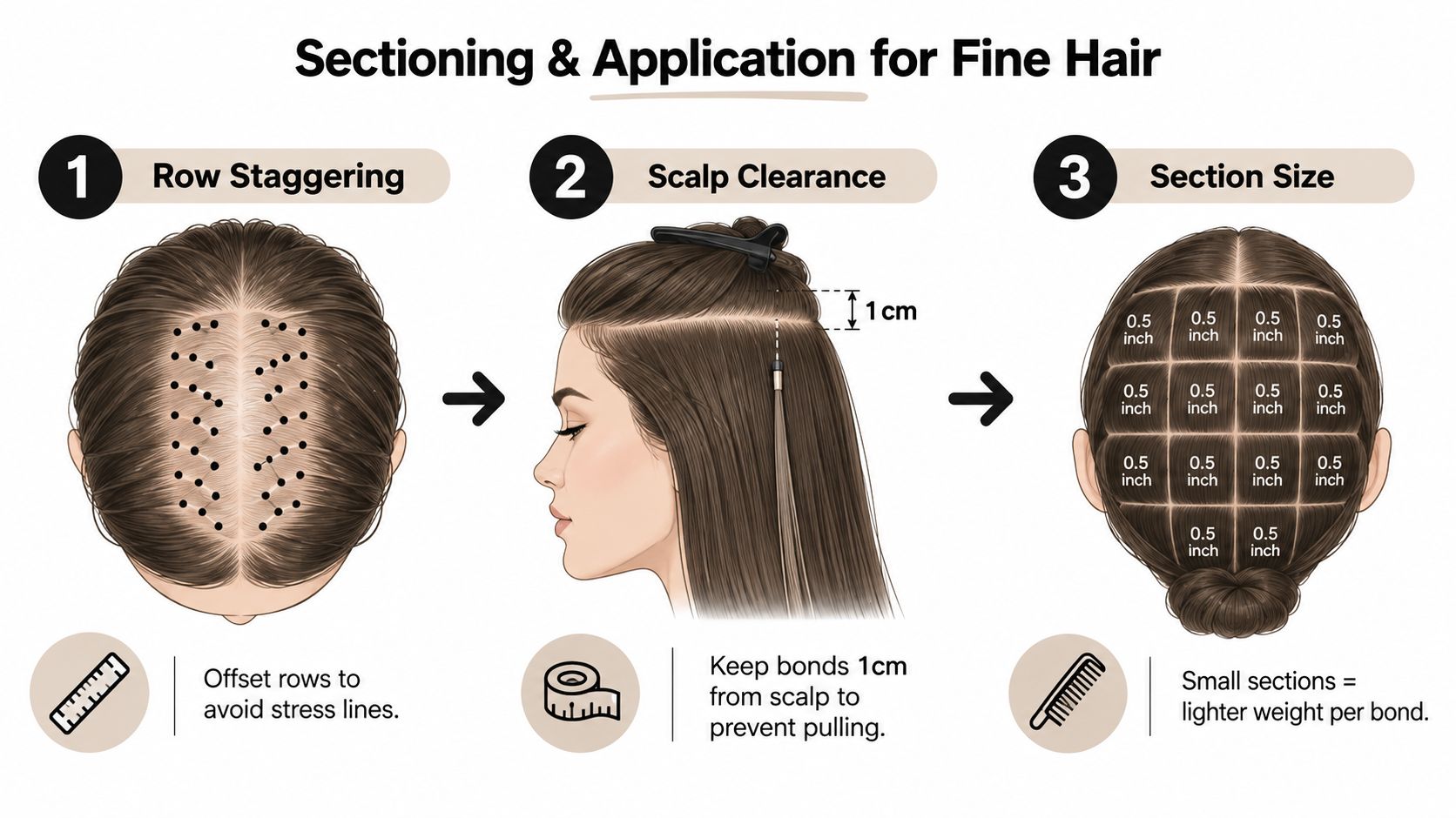 An educational guide illustrating proper sectioning and application techniques for K-tip hair extensions on fine hair.