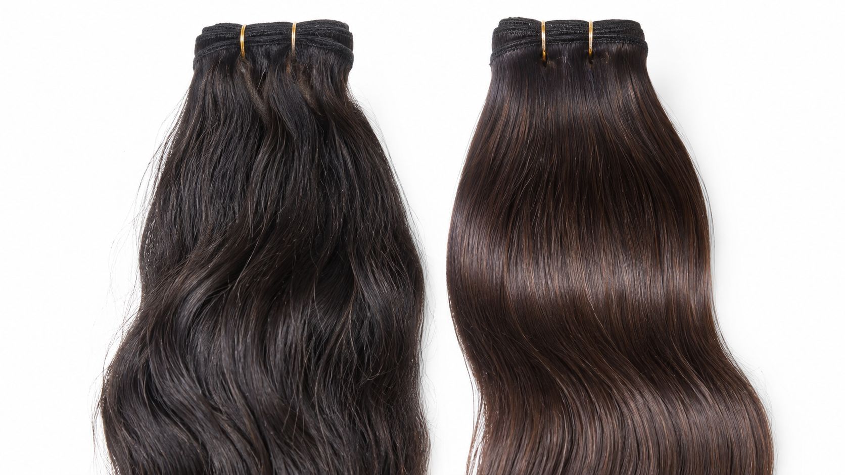 A side-by-side comparison of natural wavy virgin hair extensions versus sleek straight remy hair extensions.