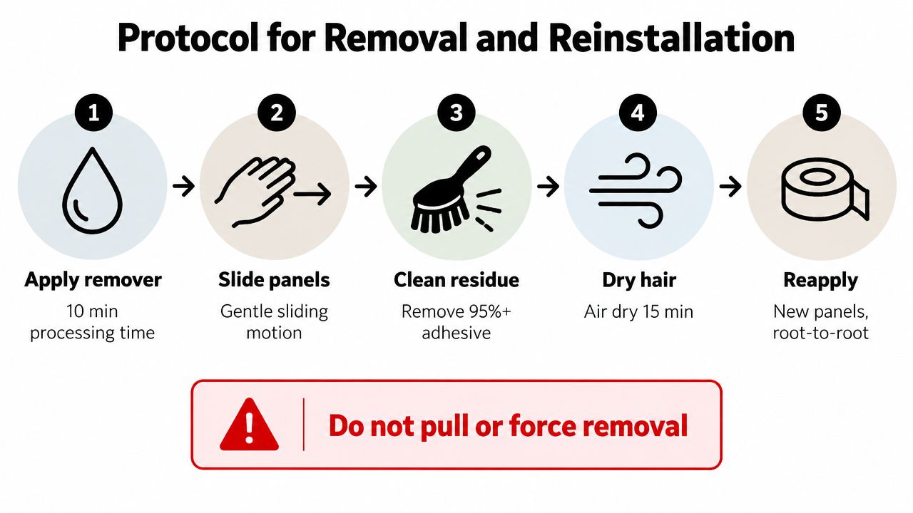 A five-step instructional diagram showing the safe protocol for removing and reinstalling tape hair extensions.