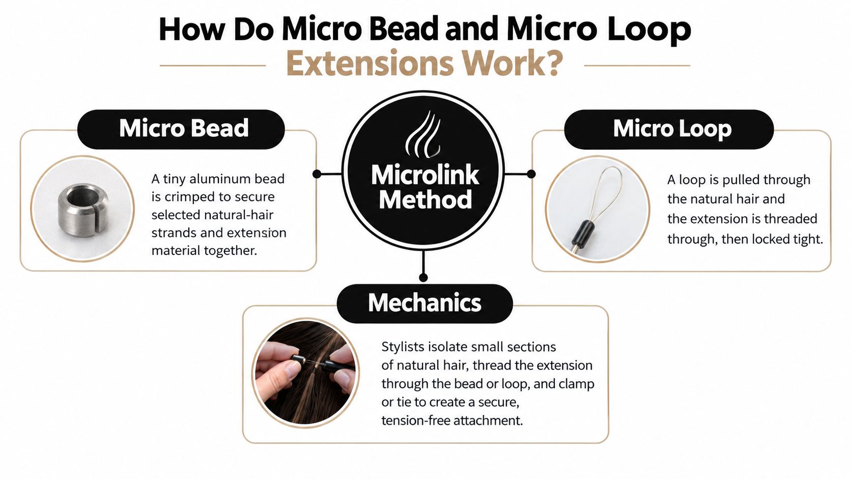 An infographic explaining the mechanics of microlink hair extensions using micro bead and micro loop methods.
