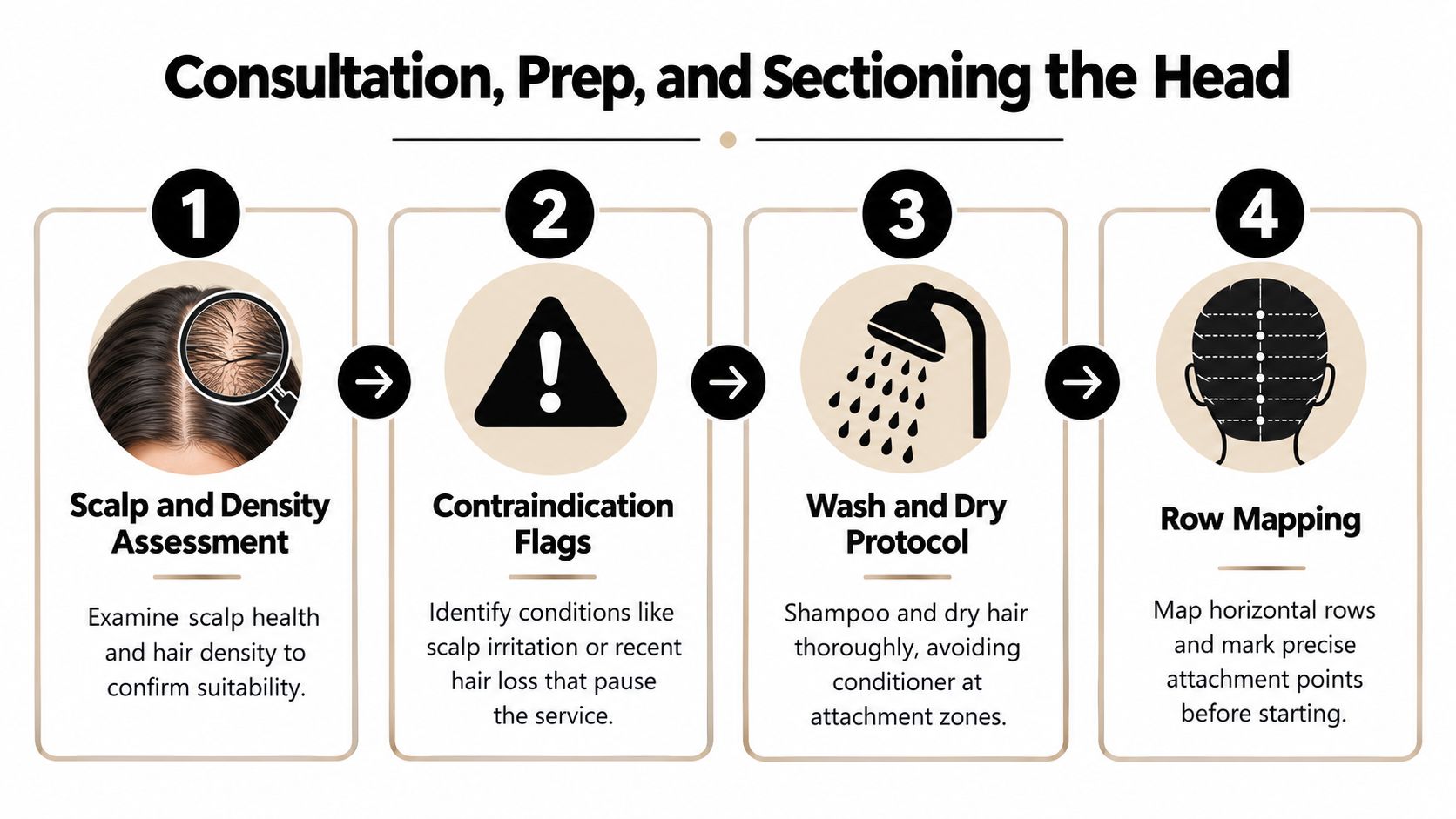 A four-step guide illustrating the consultation, preparation, and sectioning process for hair extension application.