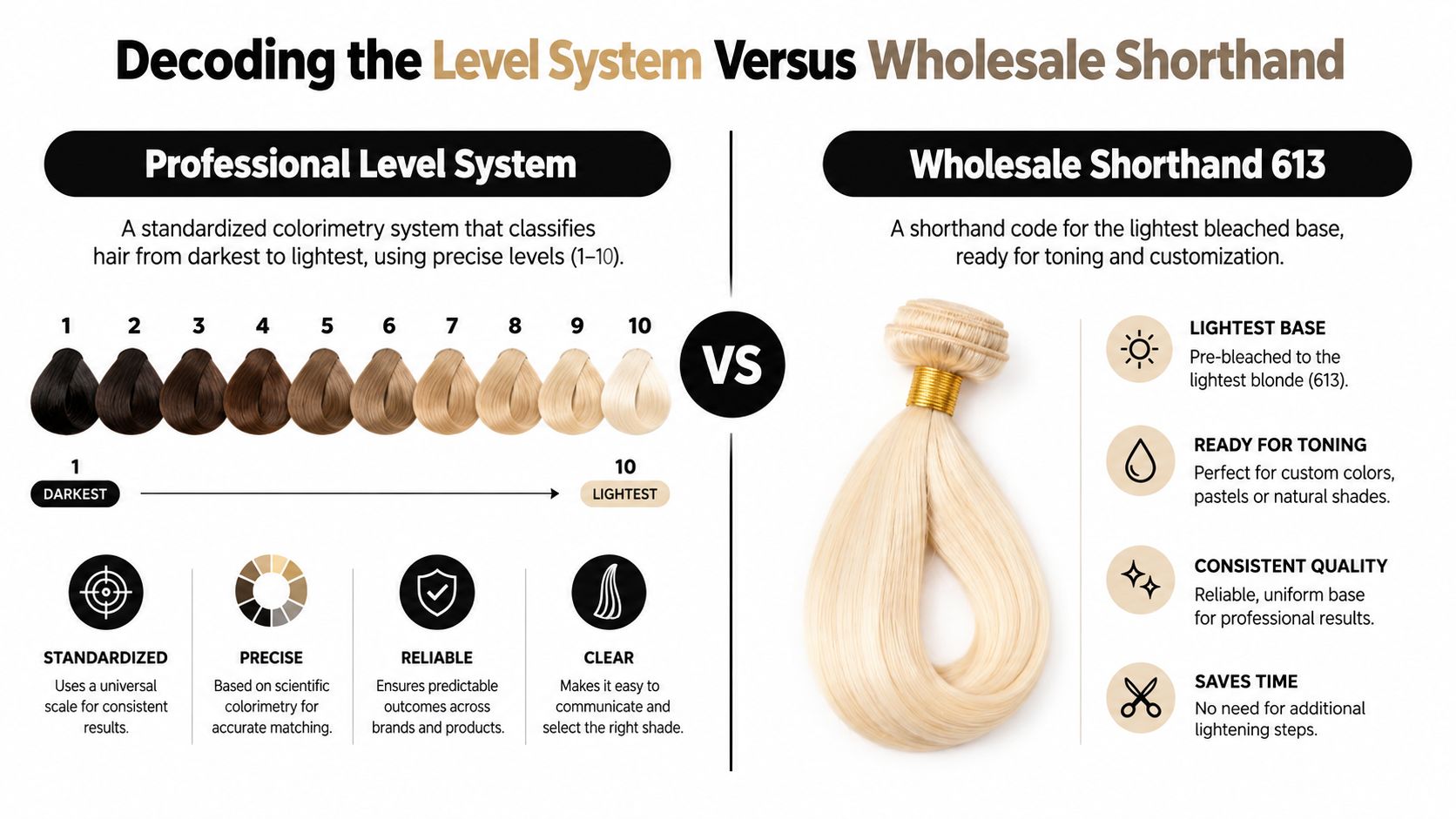 An infographic explaining the difference between the professional 1-10 hair level system and 613 wholesale shorthand.