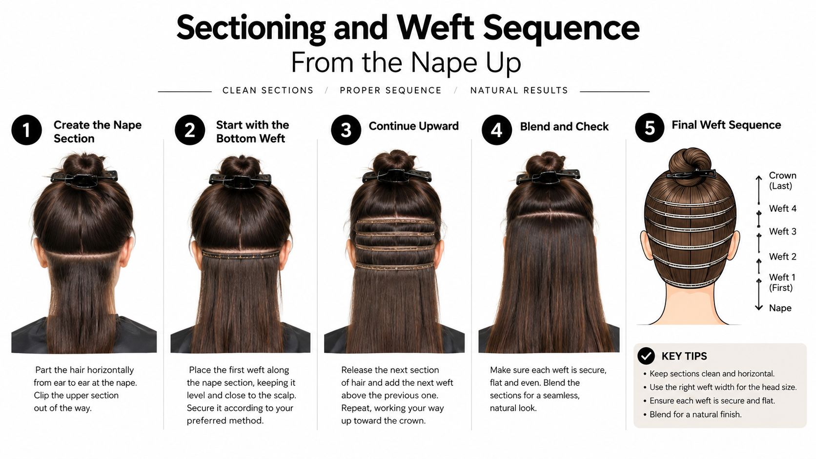 An infographic showing the five-step process of sectioning and applying hair weft extensions starting from the nape.