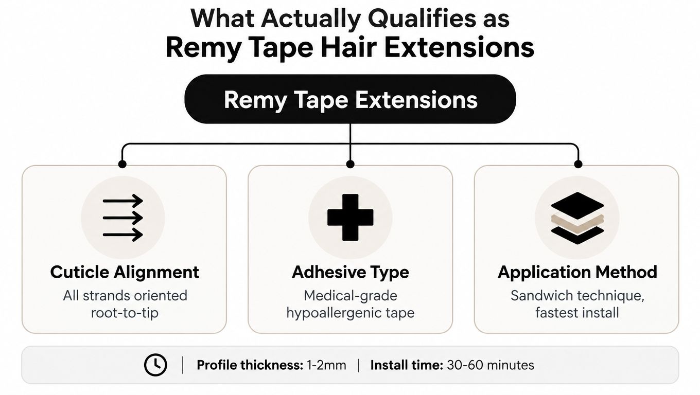 An infographic showing the definition and key features of Remy tape hair extensions, including application and thickness.