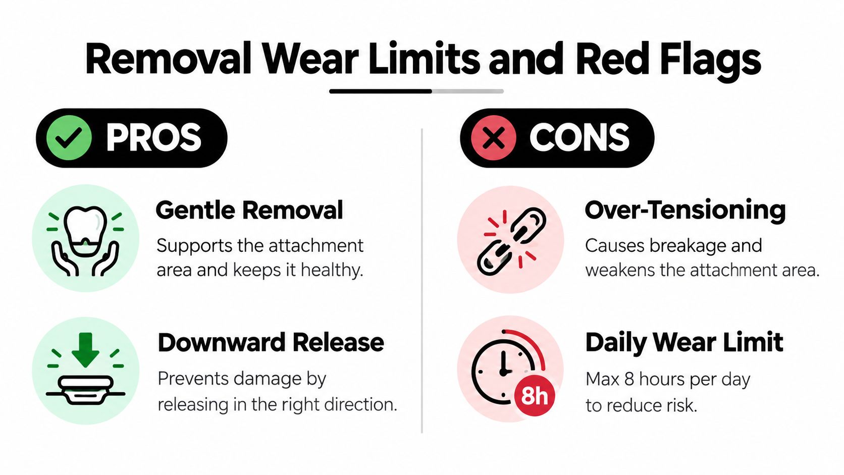 A chart detailing the pros and cons of hair extension wear limits and proper removal techniques.