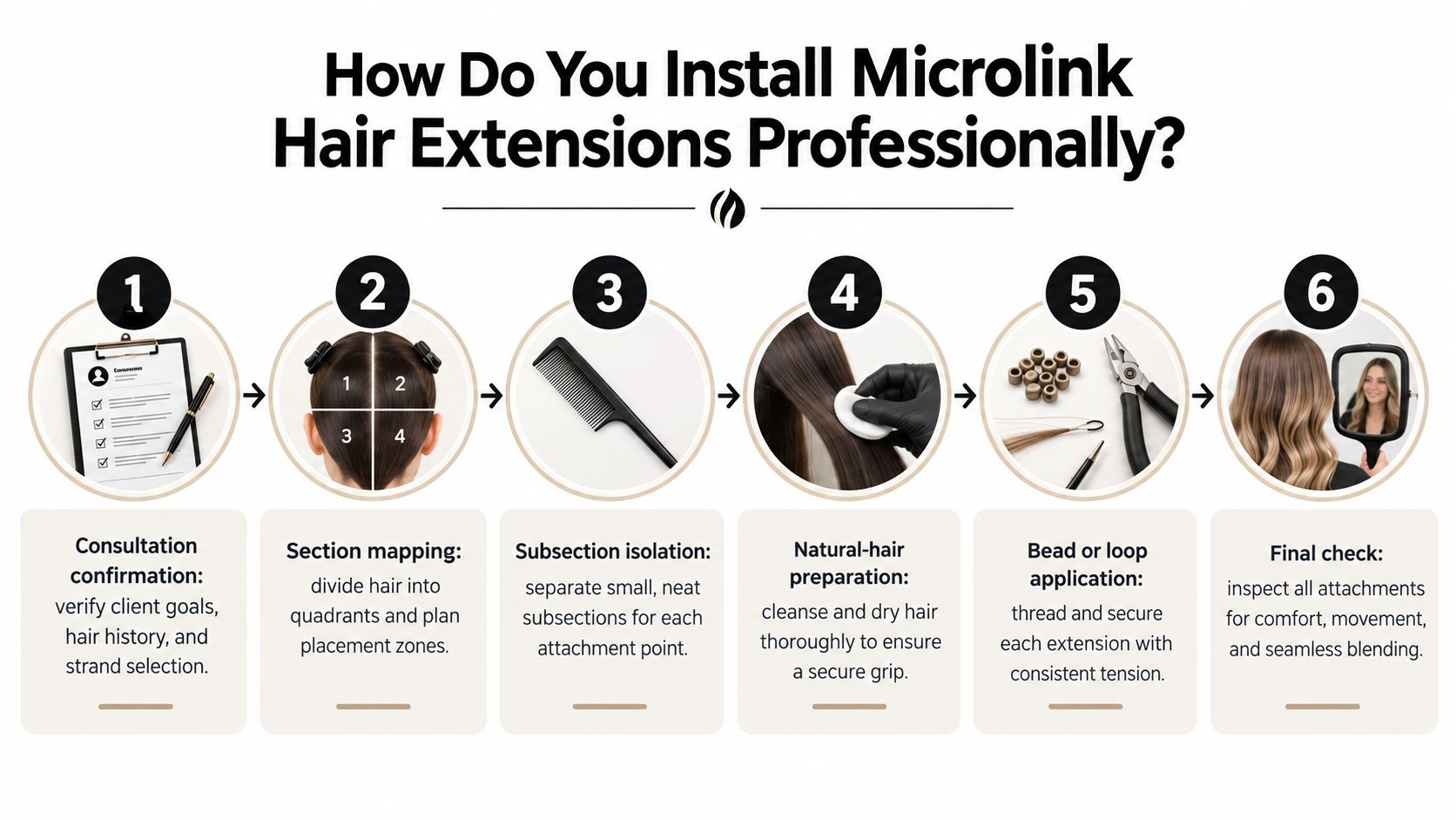 A six-step infographic guide on how to professionally install microlink hair extensions for hair stylists.