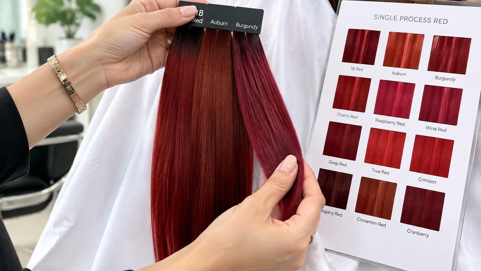 A hair stylist holds up a selection of vibrant red hair extensions alongside a color sample chart.