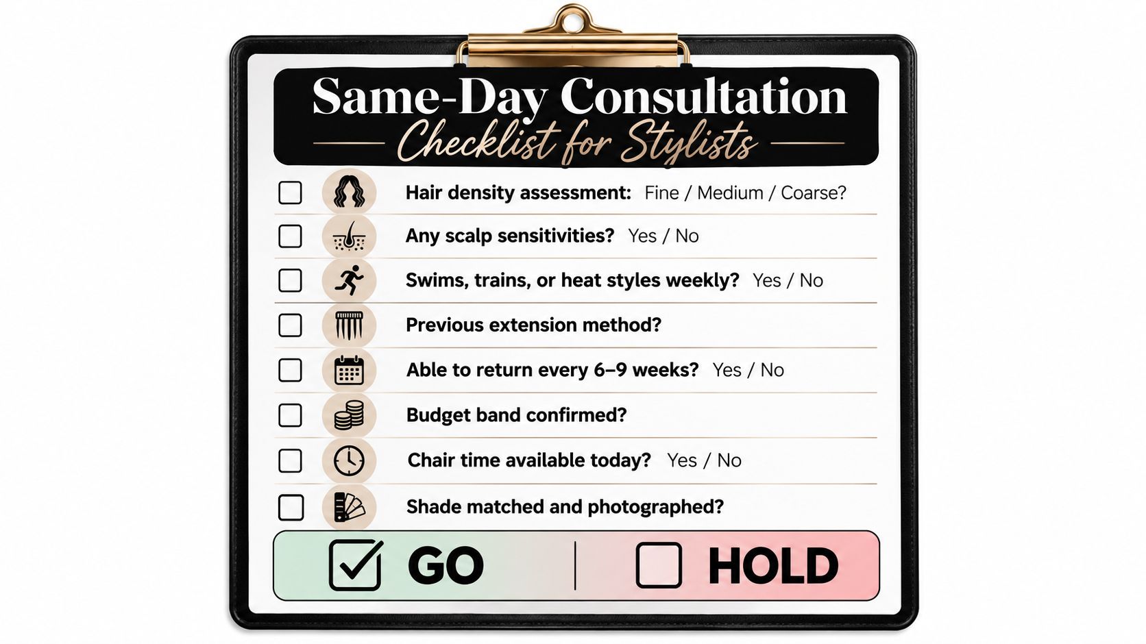 A clipboard showing a same-day consultation checklist for stylists to assess hair extensions and client suitability.