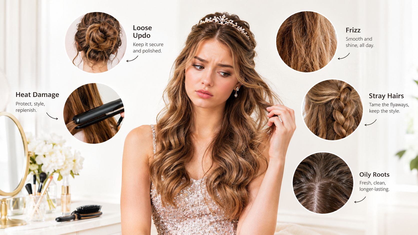 A woman styled for homecoming with examples of hairstyles and tips for managing hair issues like frizz.