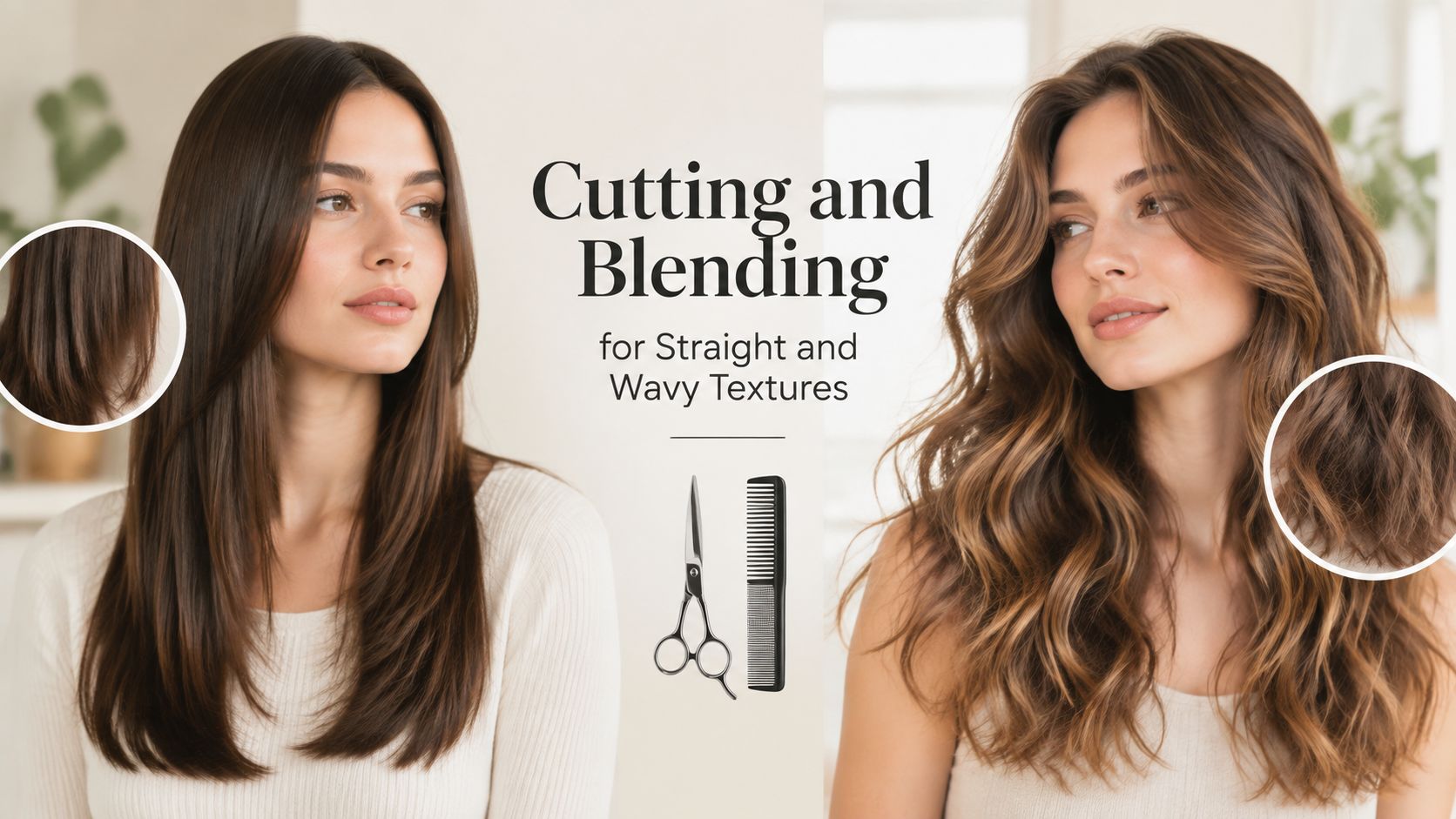 A split image comparison showing a woman with straight hair and wavy hair demonstrating hair cutting techniques.