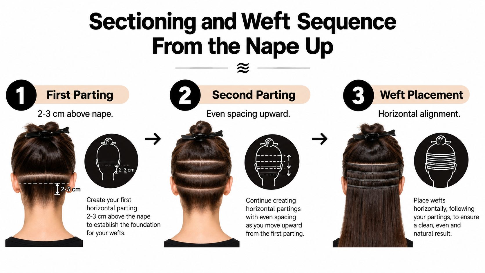A step-by-step instructional guide showing how to section hair and place clip-in weft extensions at the nape.