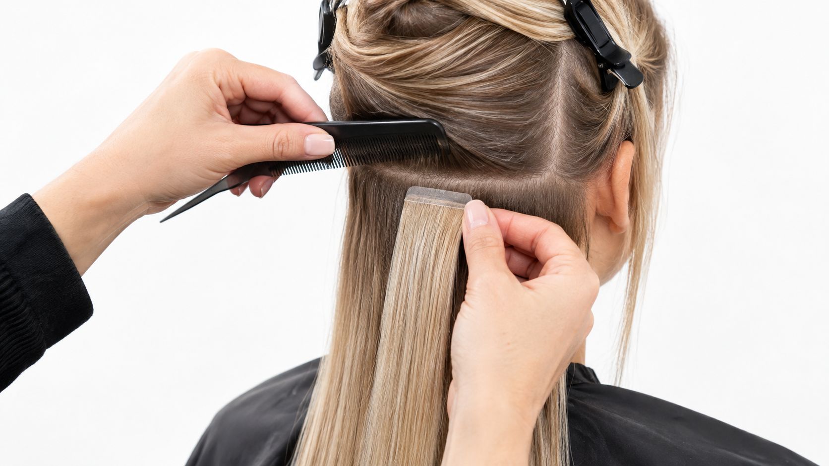 A professional hairstylist applying tape-in hair extensions to a client with blonde hair in a salon.