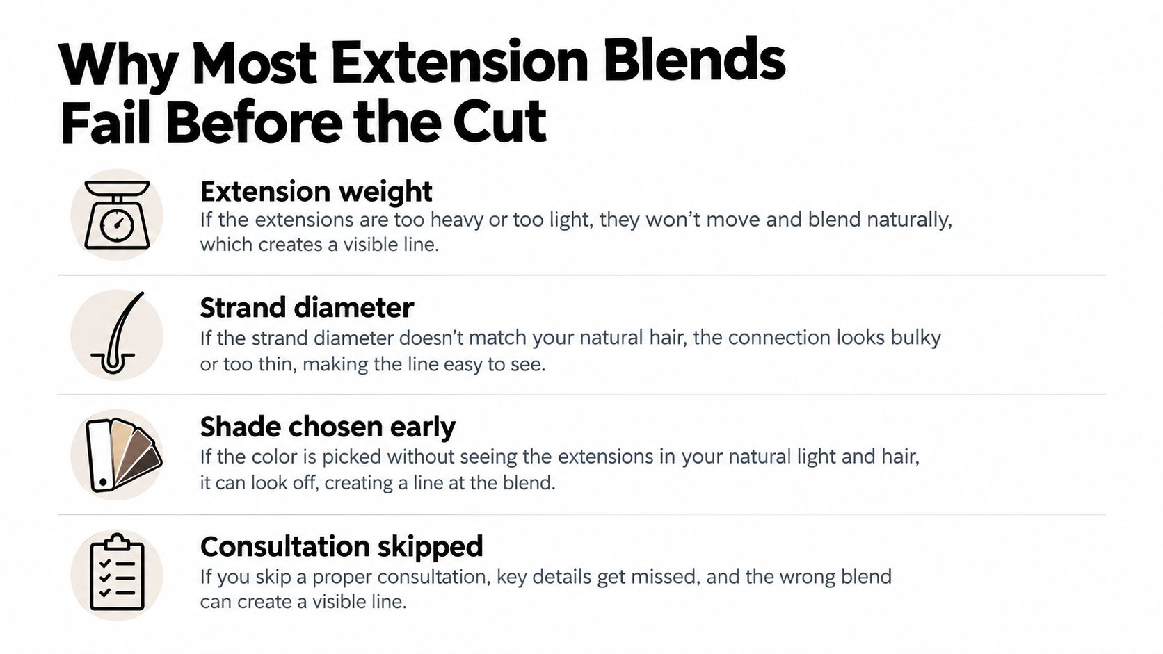 An infographic titled Why Most Extension Blends Fail Before the Cut detailing four common hair extension mistakes.