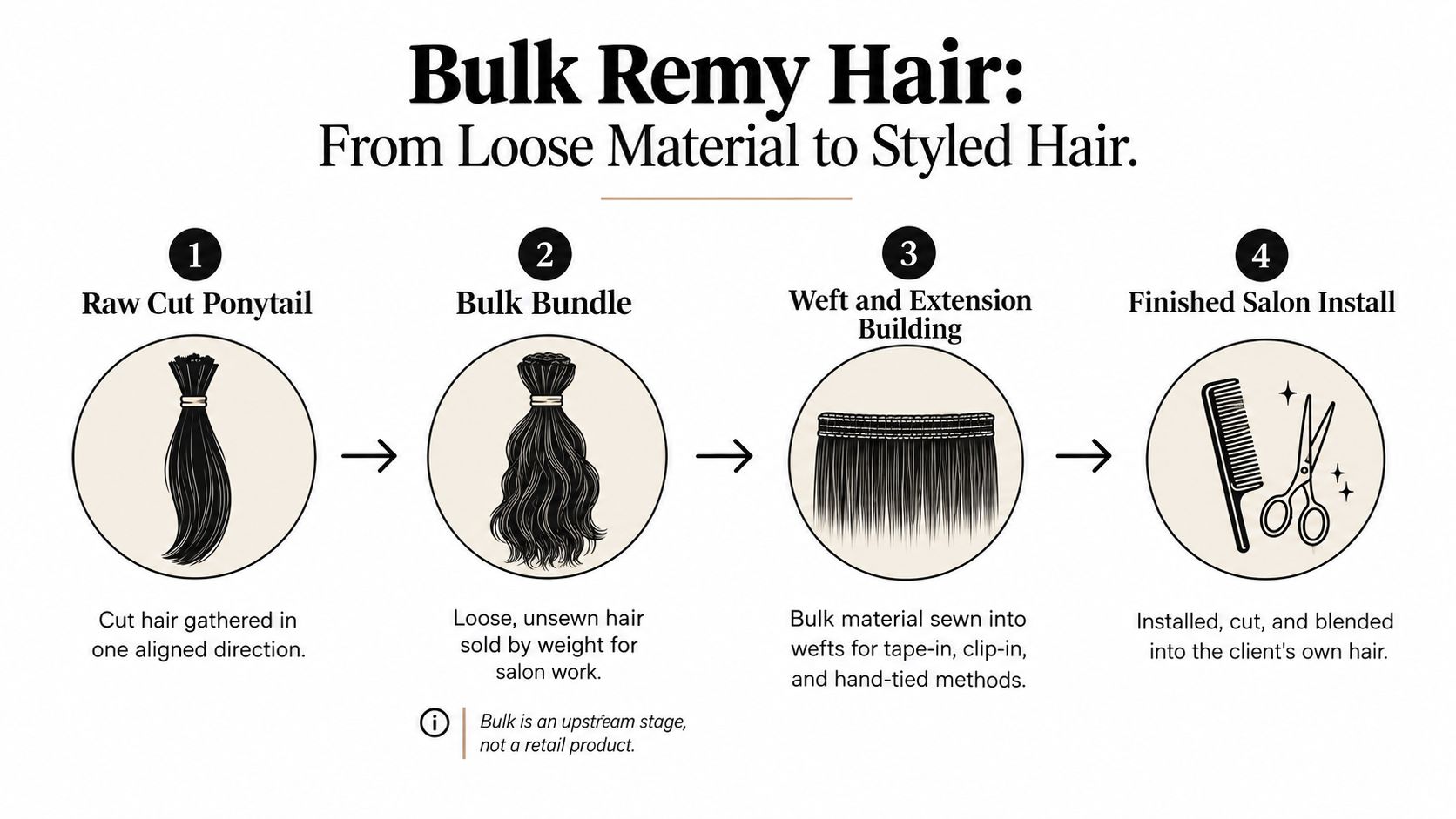 A four-step infographic illustrating the process of turning raw Bulk Remy hair into a finished salon installation.