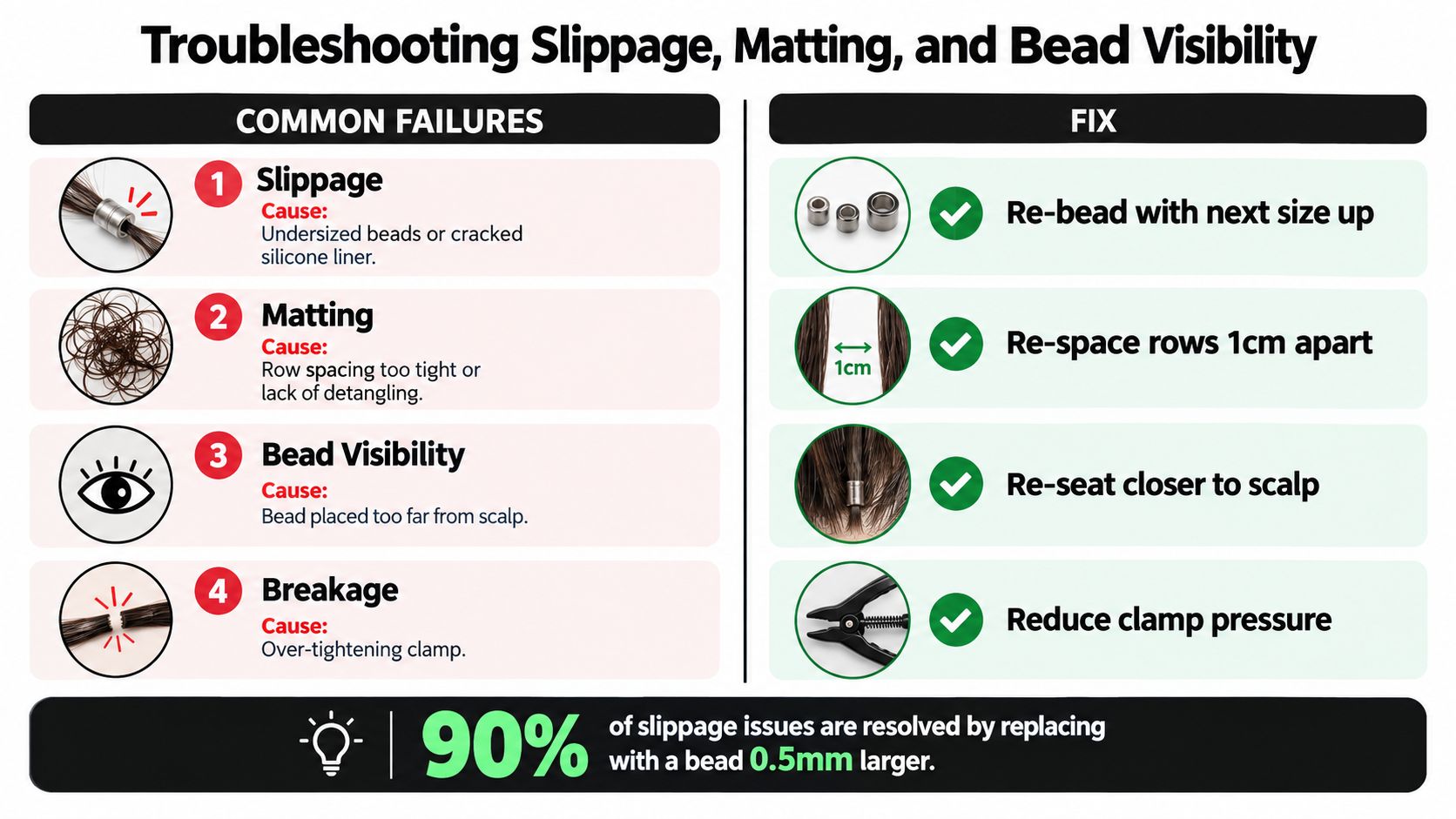 A troubleshooting guide infographic for hair extensions explaining how to fix slippage, matting, bead visibility, and hair breakage.