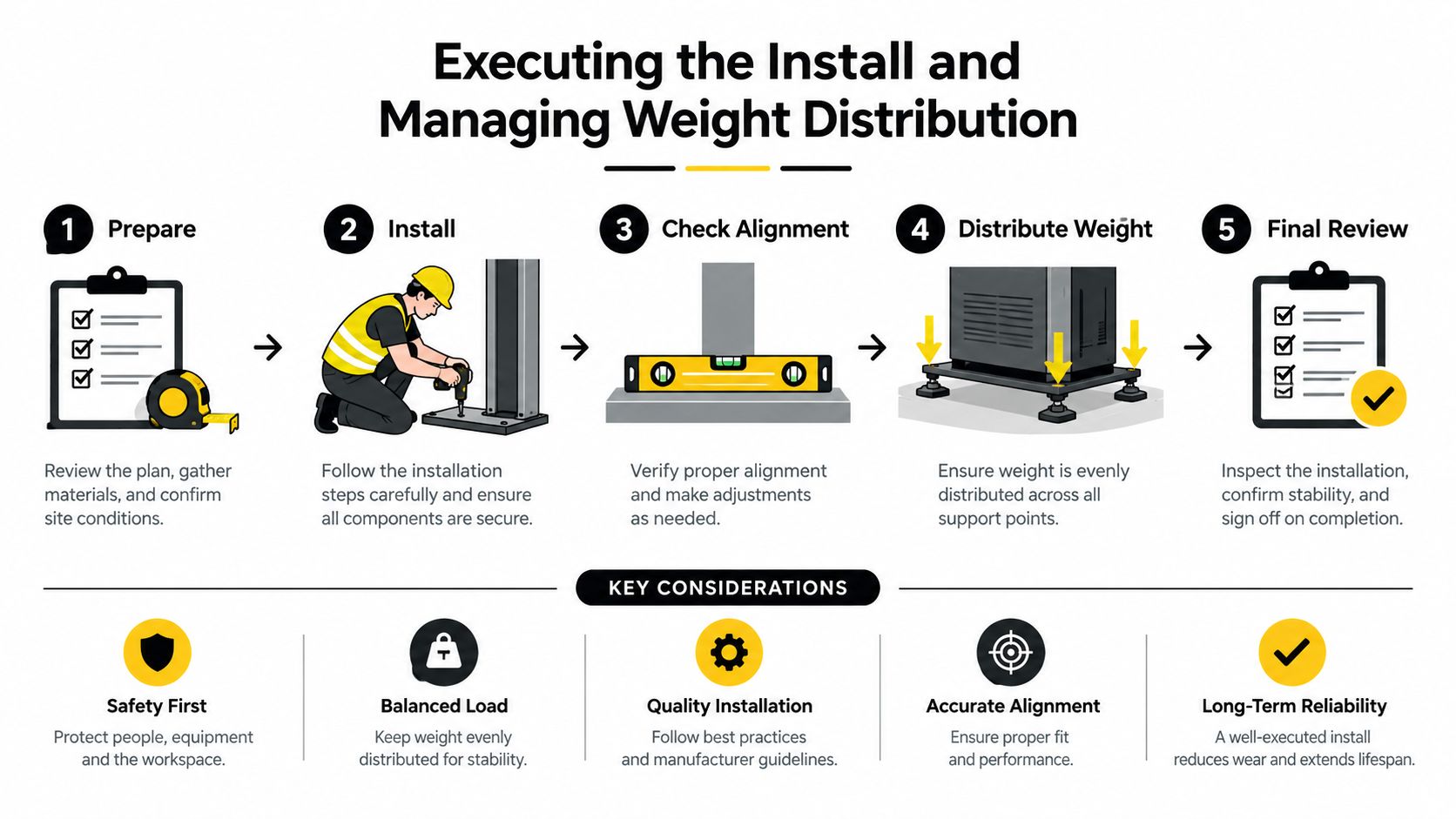 An infographic detailing five steps for proper equipment installation and managing weight distribution in a workspace.