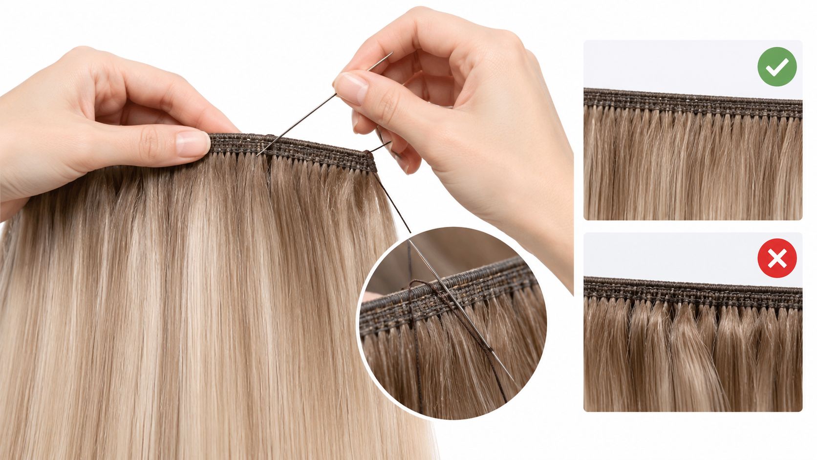 A pair of hands sewing human hair extensions onto a weft with a needle and thread.