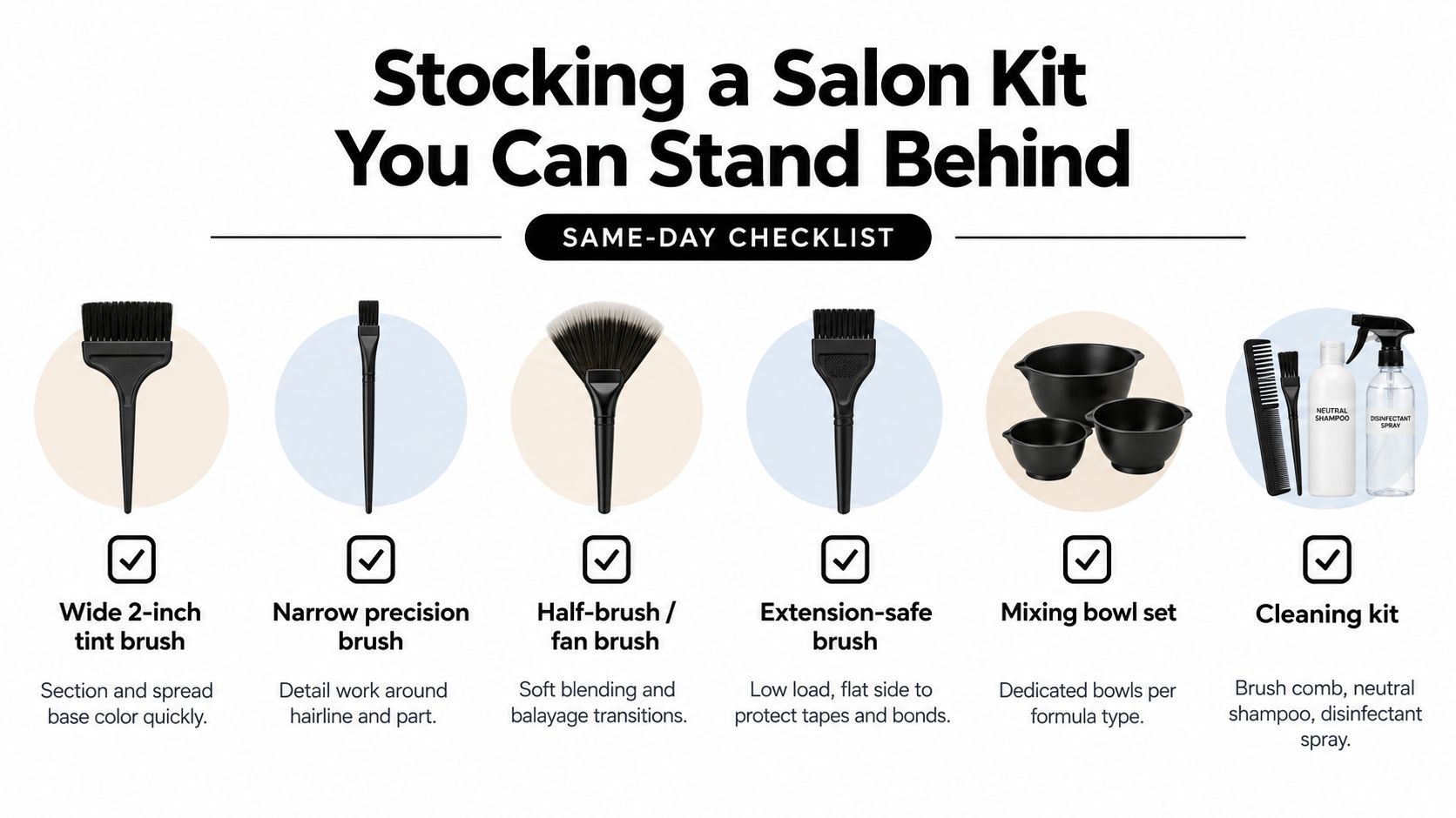 A professional salon kit checklist featuring various hair coloring brushes, mixing bowls, and cleaning supplies for hair stylists.