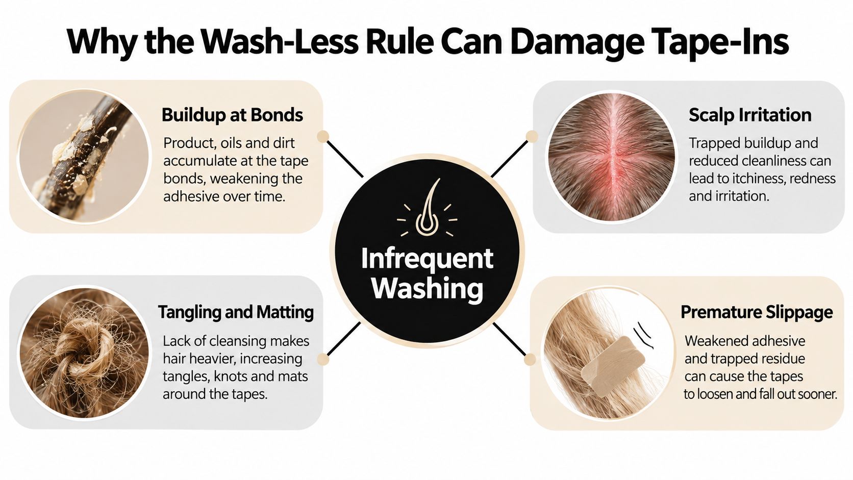 An infographic titled Why the Wash-Less Rule Can Damage Tape-Ins showing negative effects of infrequent hair washing.