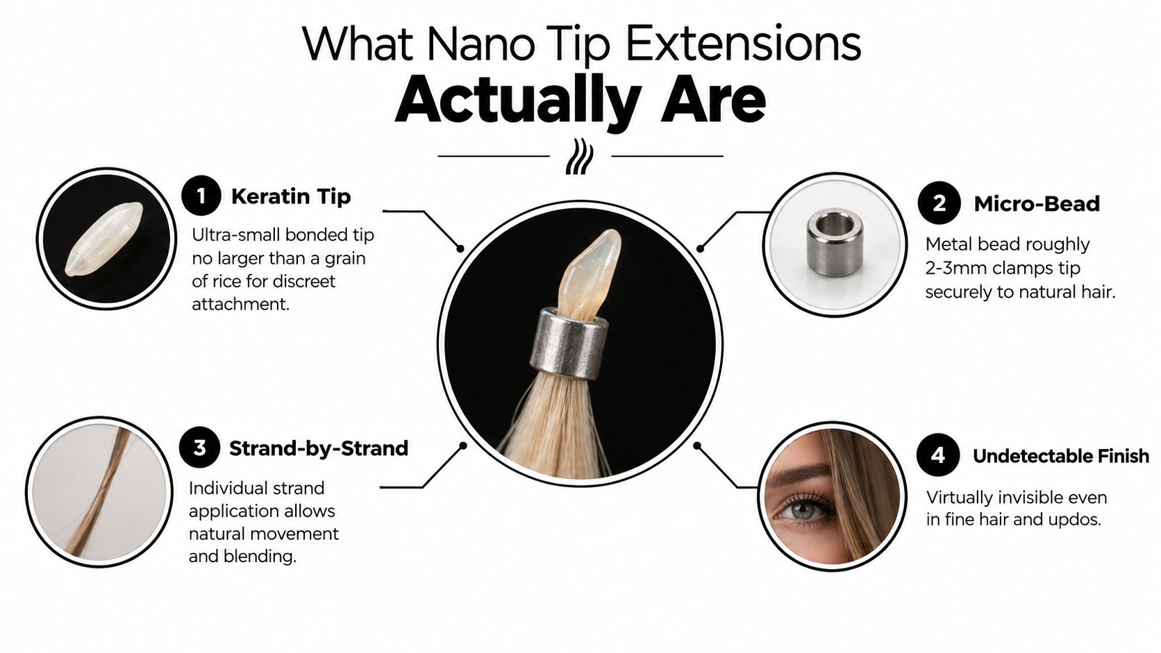 An infographic explaining the four key features of nano tip hair extensions including keratin tips and micro-beads.