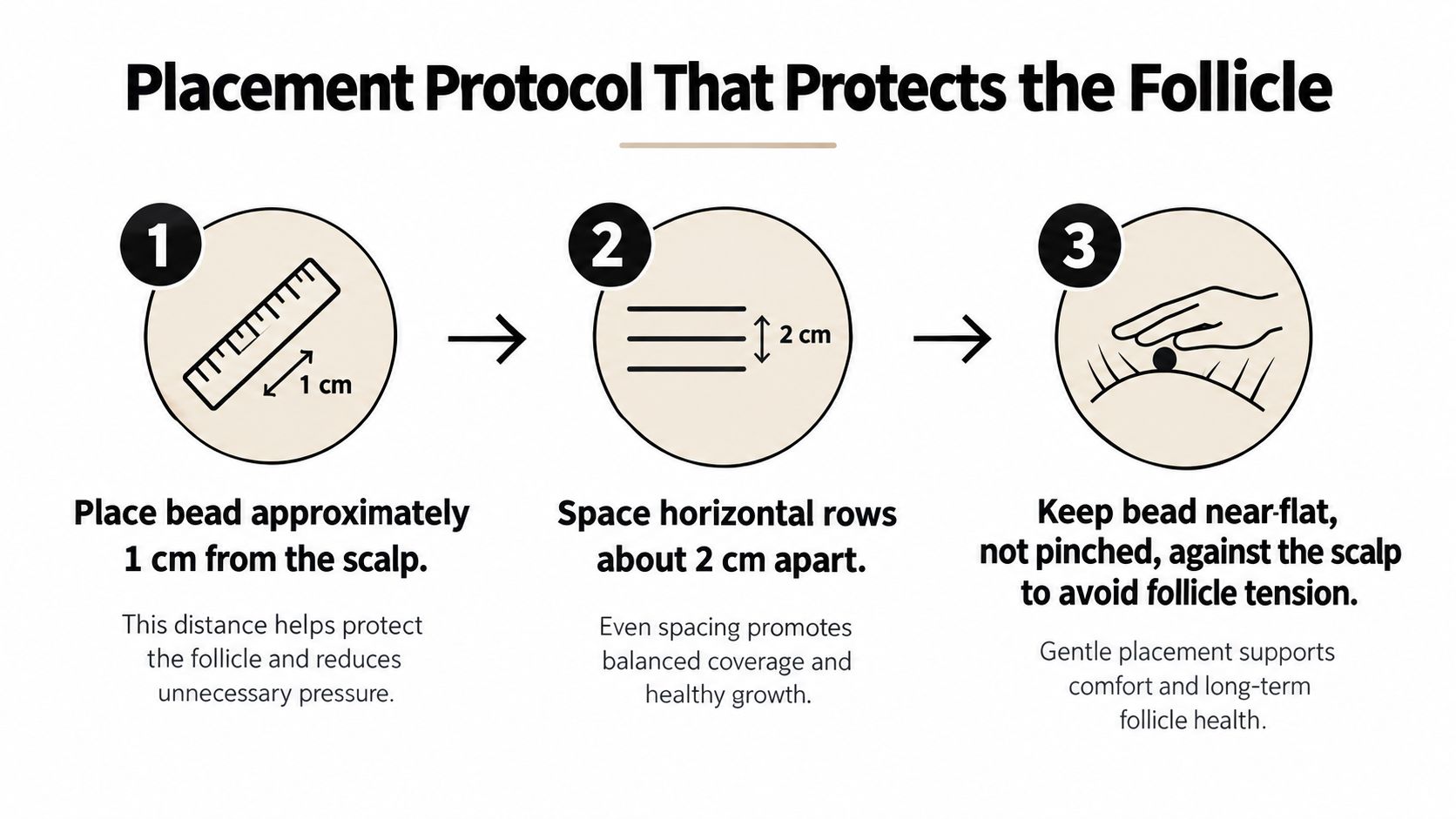 An infographic showing a three-step protocol for applying hair beads to maintain scalp and follicle health.