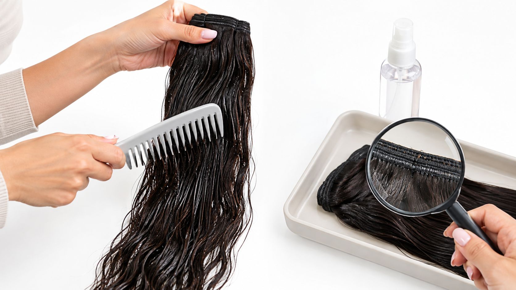A stylist inspecting wet hair extensions with a comb and magnifying glass to check quality.