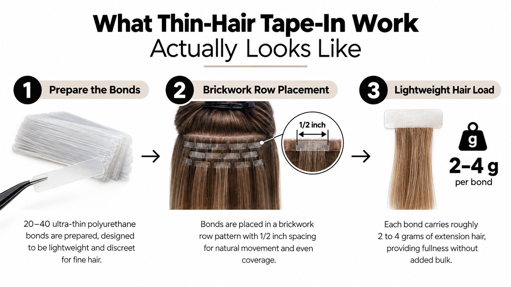 A three-step infographic showing how to apply lightweight tape-in hair extensions for fine or thin hair.