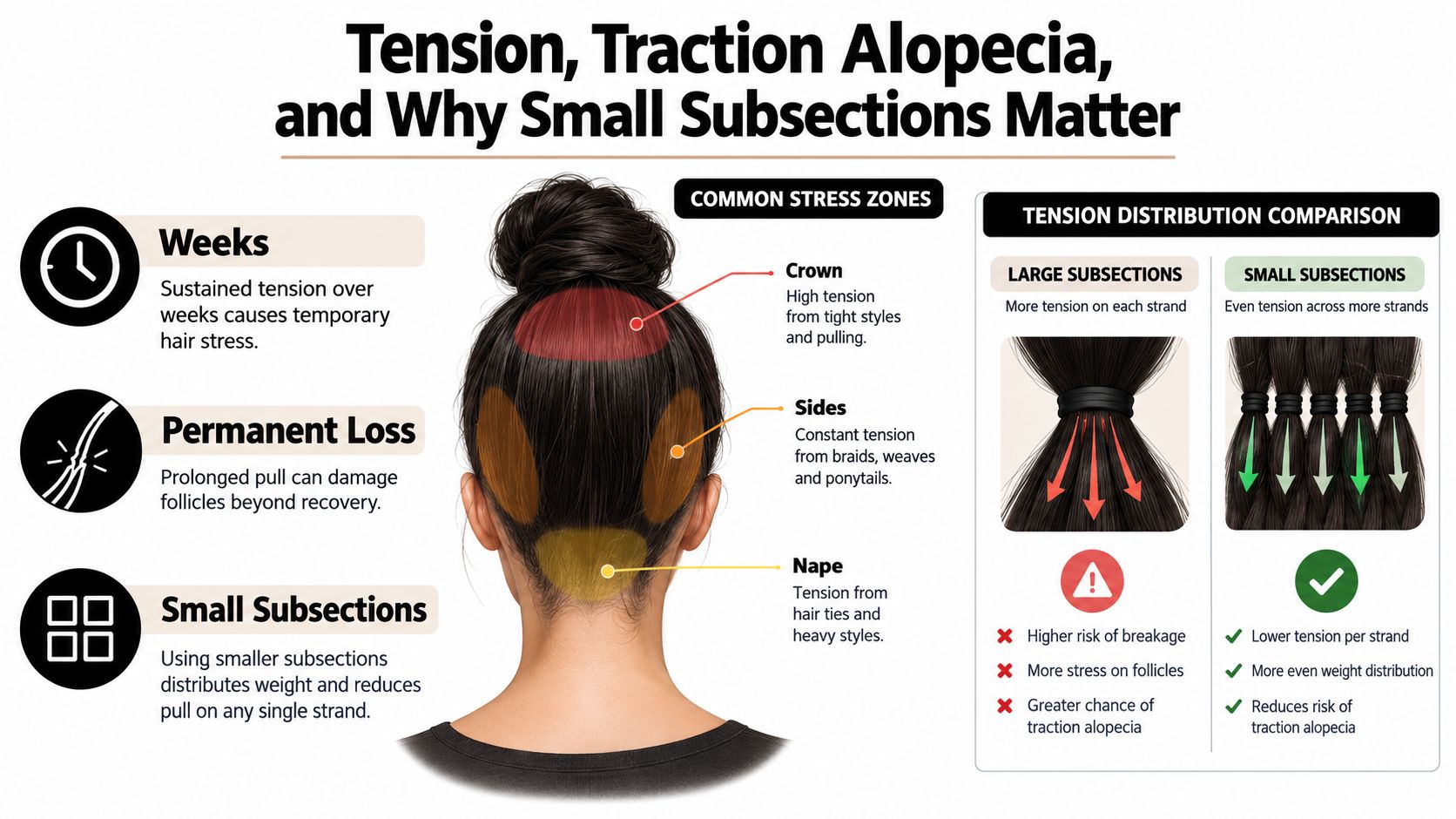 A diagram explaining tension and traction alopecia caused by hairstyles and the importance of using small hair subsections.