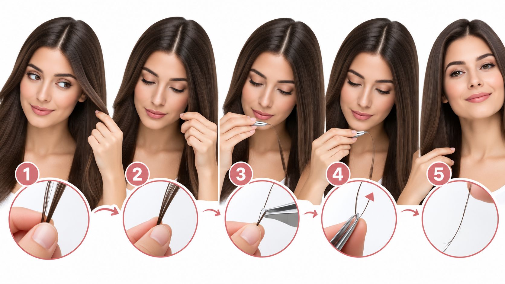 A woman demonstrating the step-by-step process of removing keratin hair extension bonds using professional pliers.