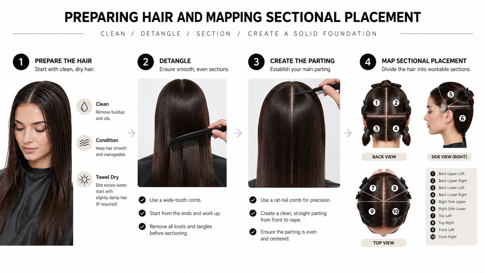An instructional infographic detailing how to prepare, detangle, and section hair before applying hair extensions.