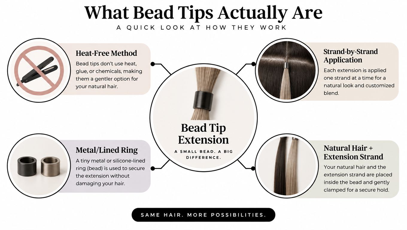 An infographic explaining how bead tip hair extensions work using a heat-free, strand-by-strand application method.