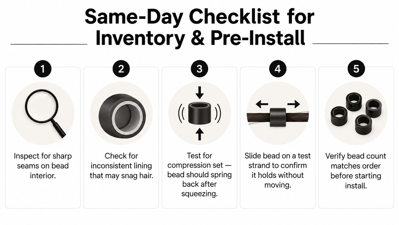 A checklist for inspecting hair extension rubber beads before installation, featuring five numbered steps in a row.