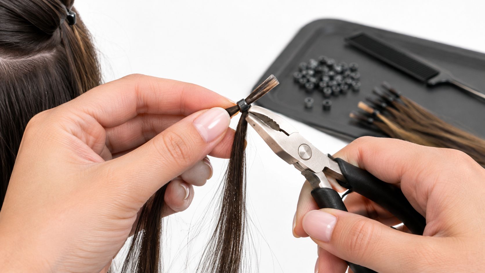 A professional stylist using pliers to secure an i-tip hair extension to a strand of natural hair.
